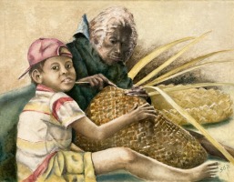 Dr.-Sabine-Graf-Korbflechterin-Flores-Traditions-I-Oel-auf-Baumwollgewebe-M3